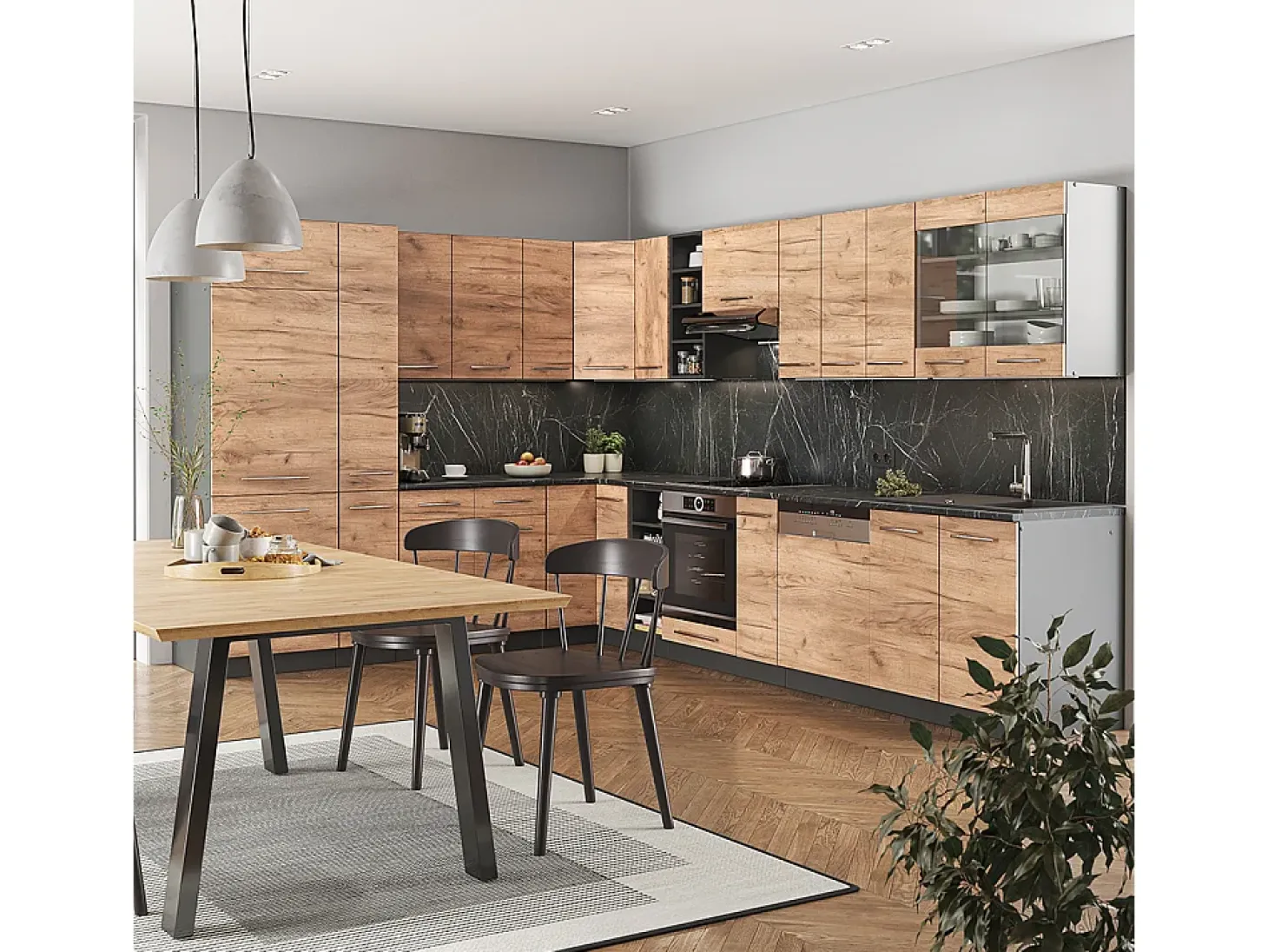 Cocina esquinera oro power roble/antracita 347x60x81.6 fame-line