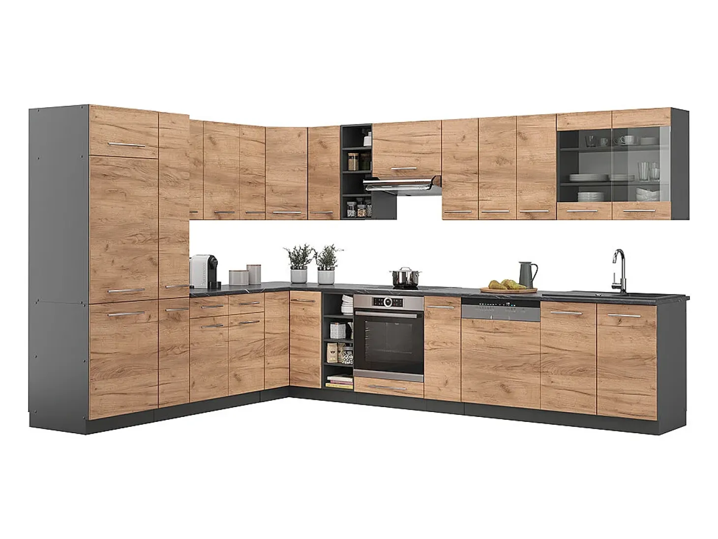 Cocina esquinera oro power roble/antracita 347x46x81.6 fame-line