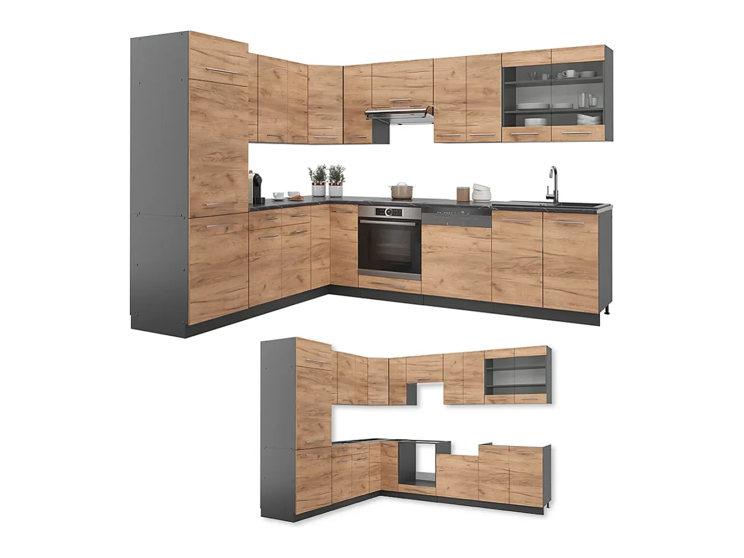 Cocina esquinera oro power roble/antracita 287x60x81.6 fame-line