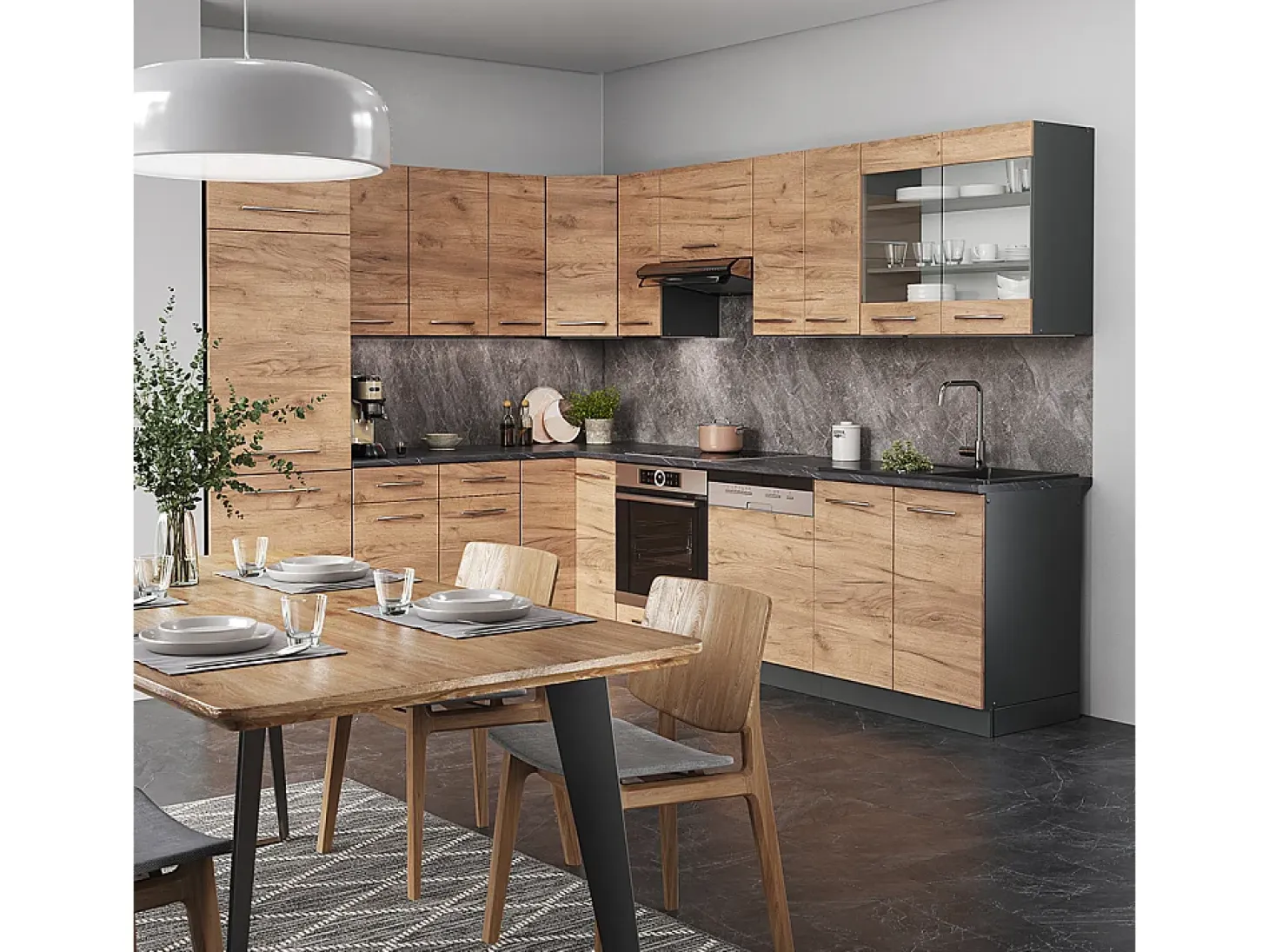 Cocina esquinera oro power roble/antracita 287x60x81.6 fame-line