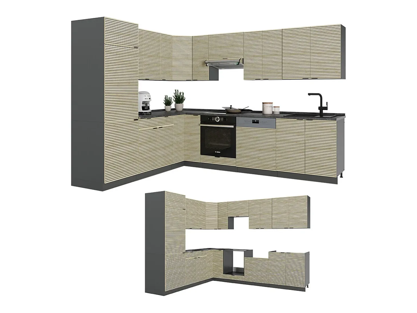Cocina esquinera panel de roble/antracita 287x46x81.6 fame-line