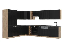 Cocina esquinera rayas negras/roble dorado 347x60x81.6 fame-line