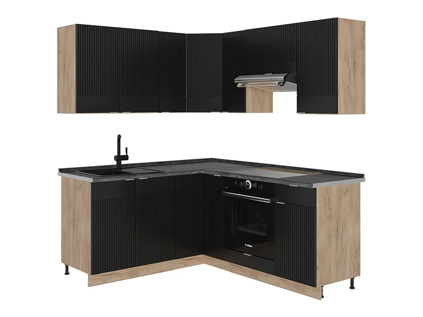Cocina esquinera rayas negras/roble dorado 190x60x81.6 fame-line