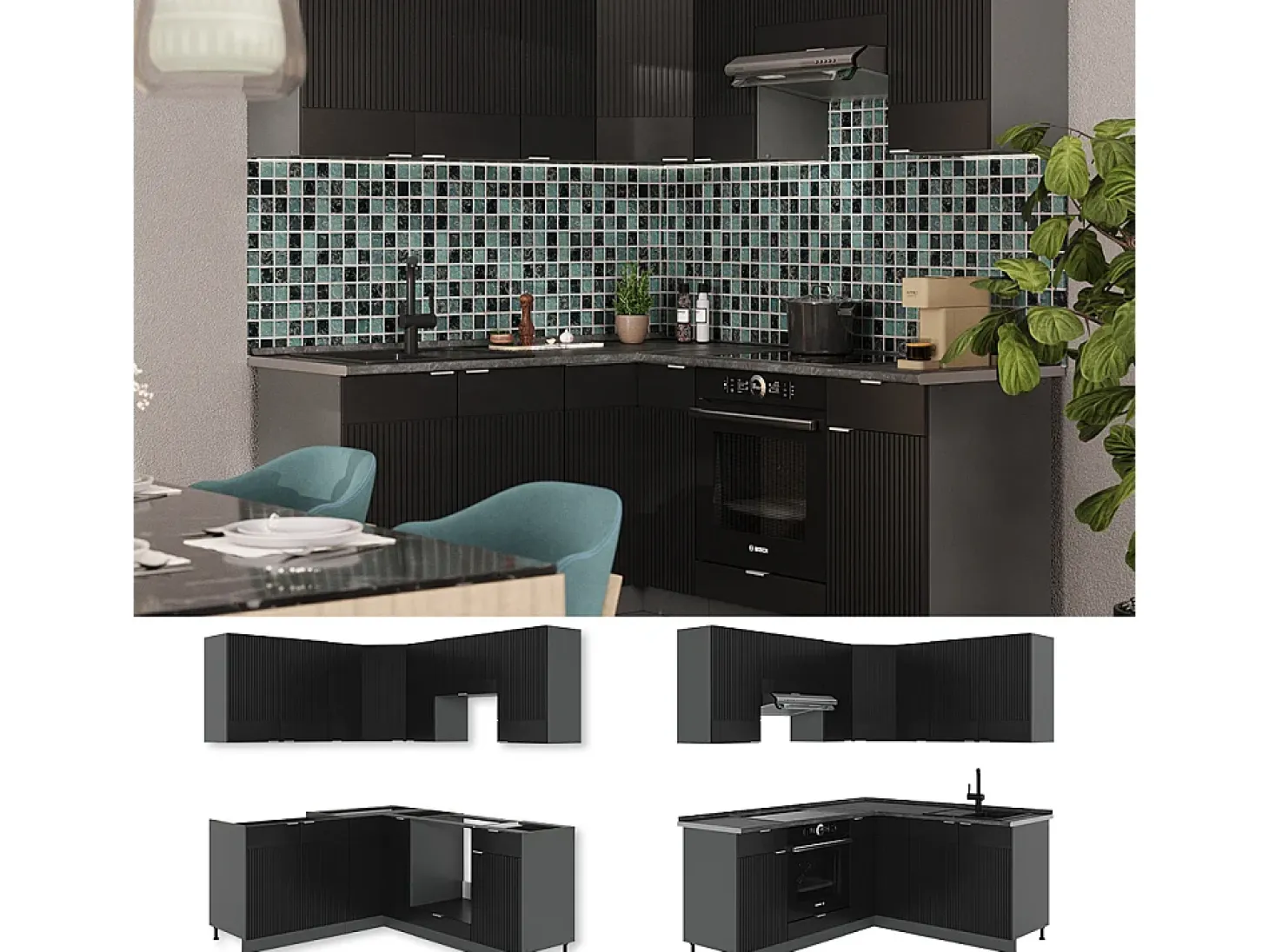 Cocina esquinera rayas negras/antracita 190x46x81.6 fame-line