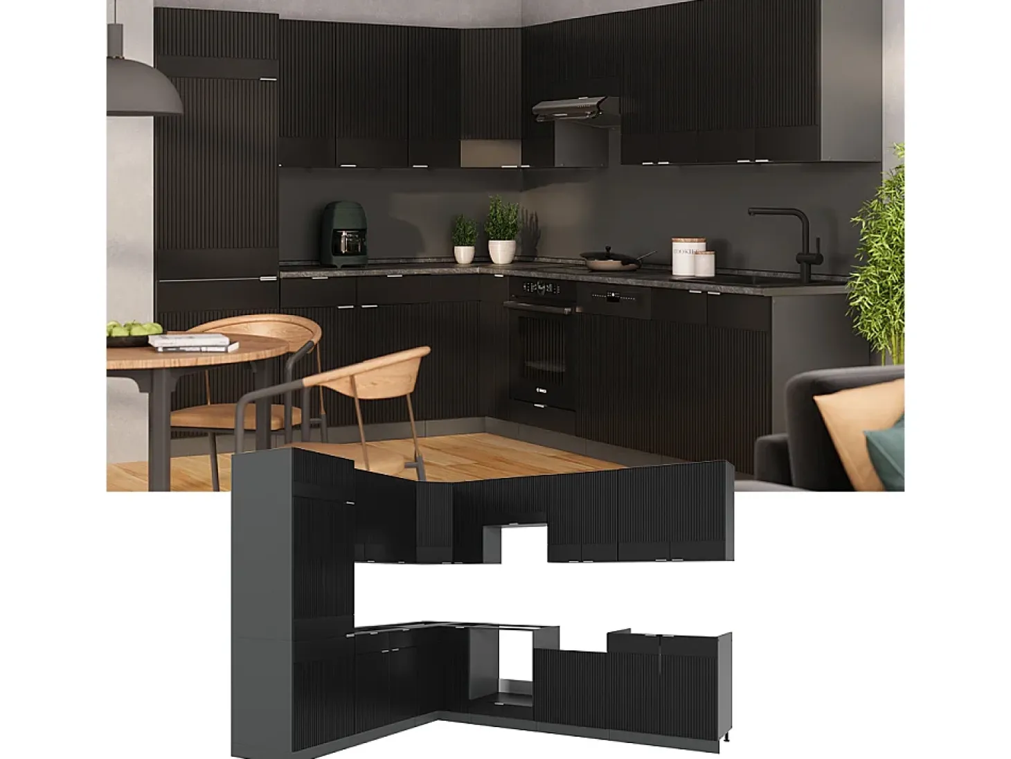 Cocina esquinera rayas negras/antracita 287x60x81.6 fame-line