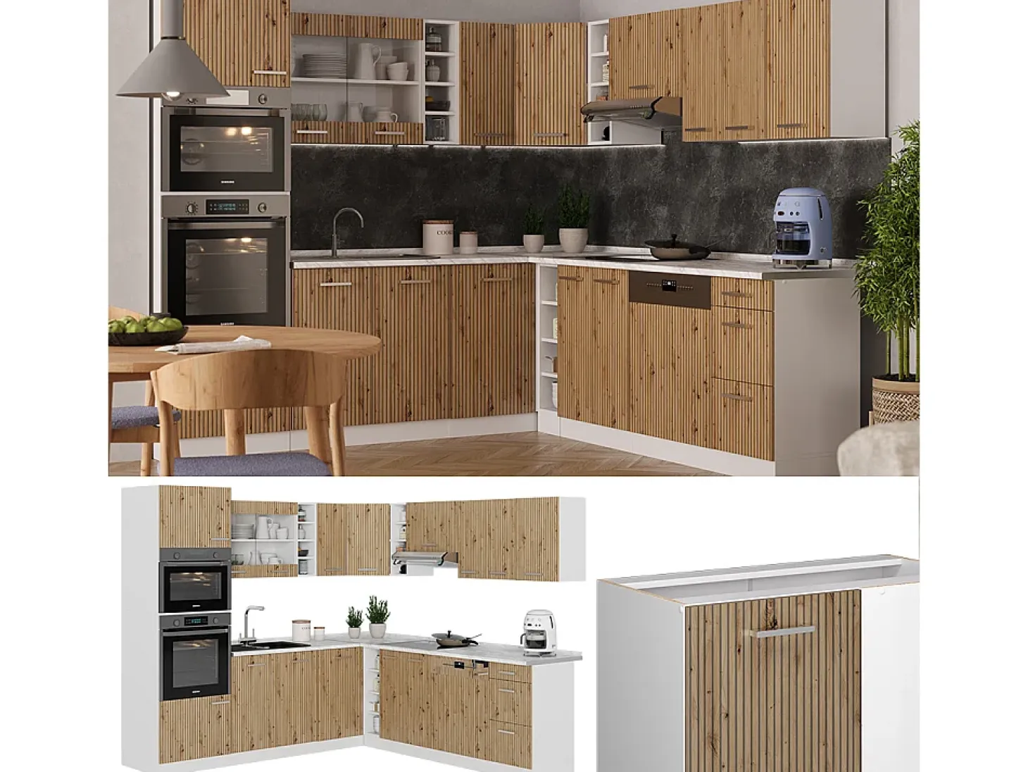 Cocina esquinera roble artesanal/blanco 247x60x81.6 r-line