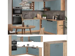 Cocina esquinera roble azul-gris-dorado 247x60x81.6 r-line