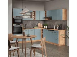 Cocina esquinera roble azul-gris-dorado 247x60x81.6 r-line