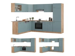 Cocina esquinera roble azul-gris-dorado 287x46x81.6 r-line