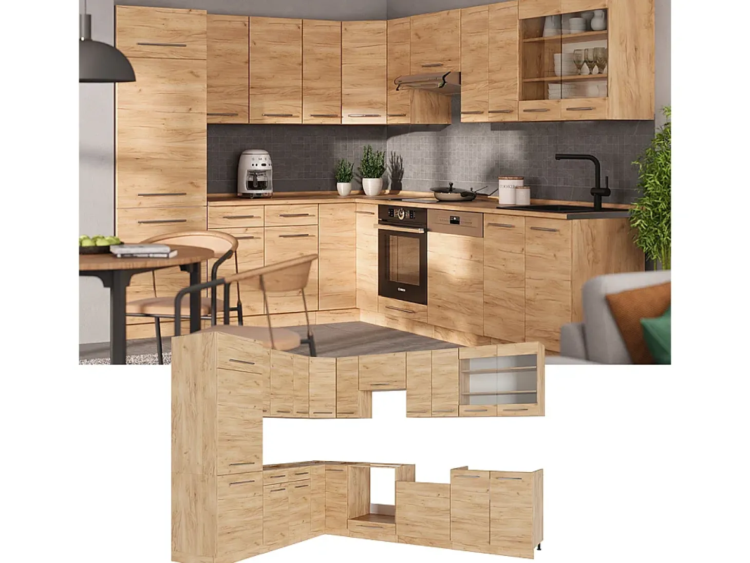 Cocina esquinera roble dorado 227x60x81.6 fame-line