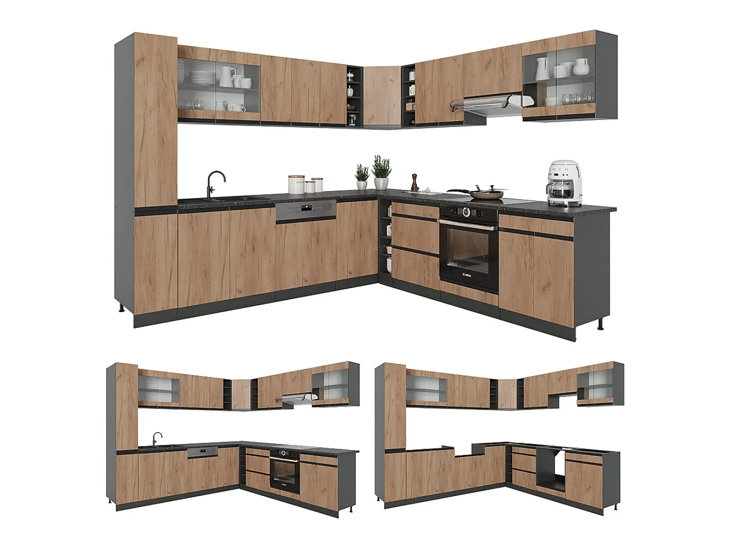 Cocina esquinera roble dorado 257x46x81.6 r-line
