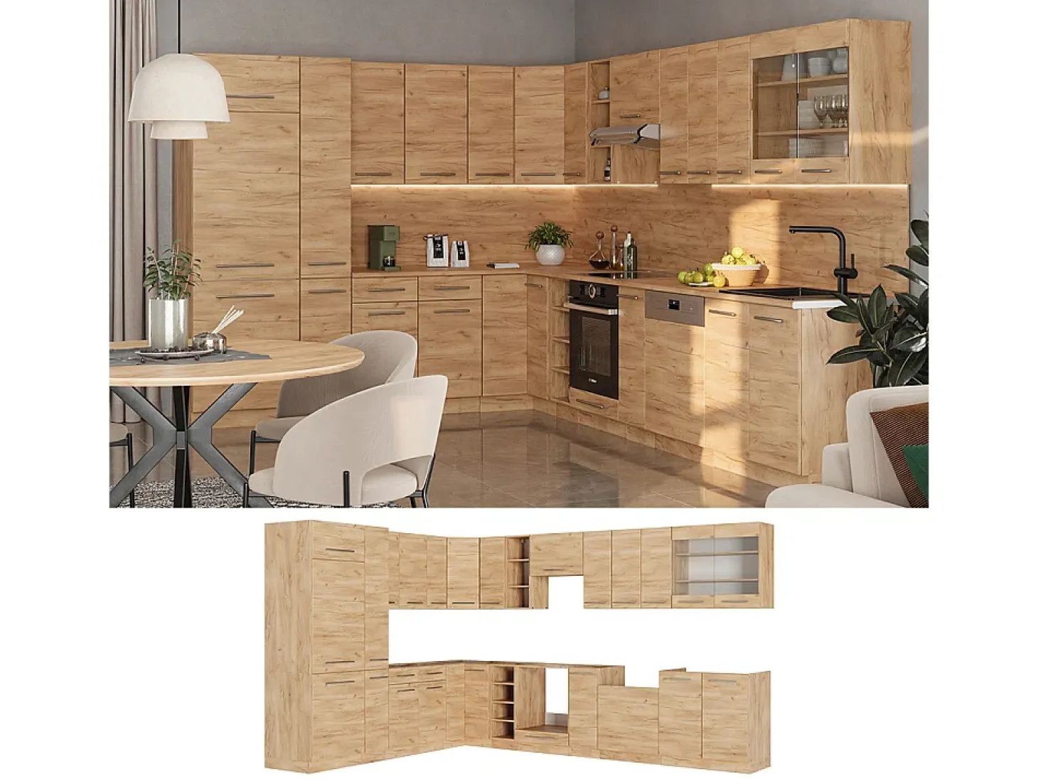 Cocina esquinera roble dorado 347x60x81.6 fame-line