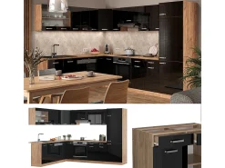 Cocina esquinera roble negro/dorado de alto brillo 287x46x81.6 r-line