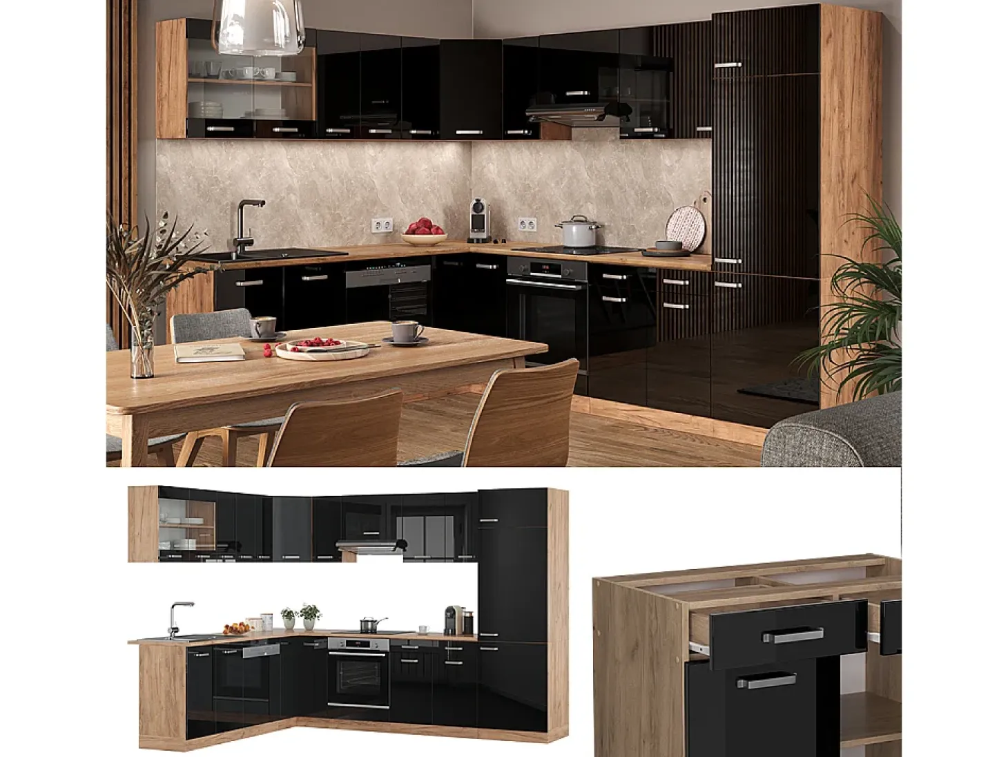 Cocina esquinera roble negro/dorado de alto brillo 287x46x81.6 r-line