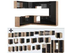 Cocina esquinera roble negro/dorado de alto brillo 287x46x81.6 r-line
