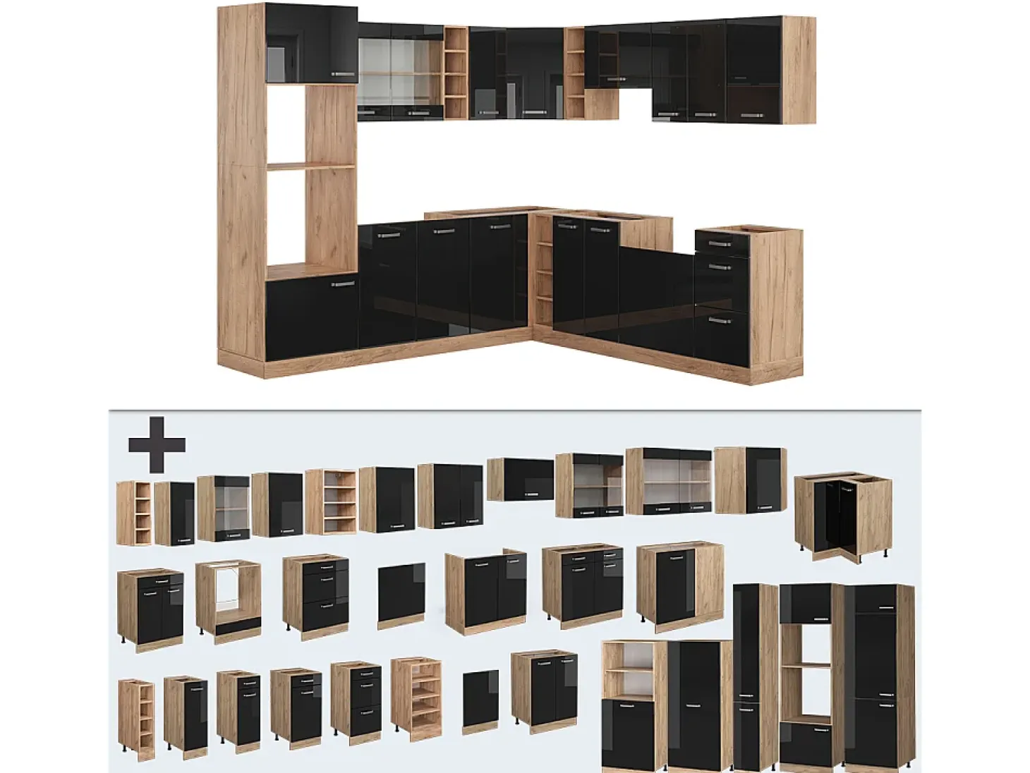 Cocina esquinera roble negro/dorado de alto brillo 247x60x81.6 r-line