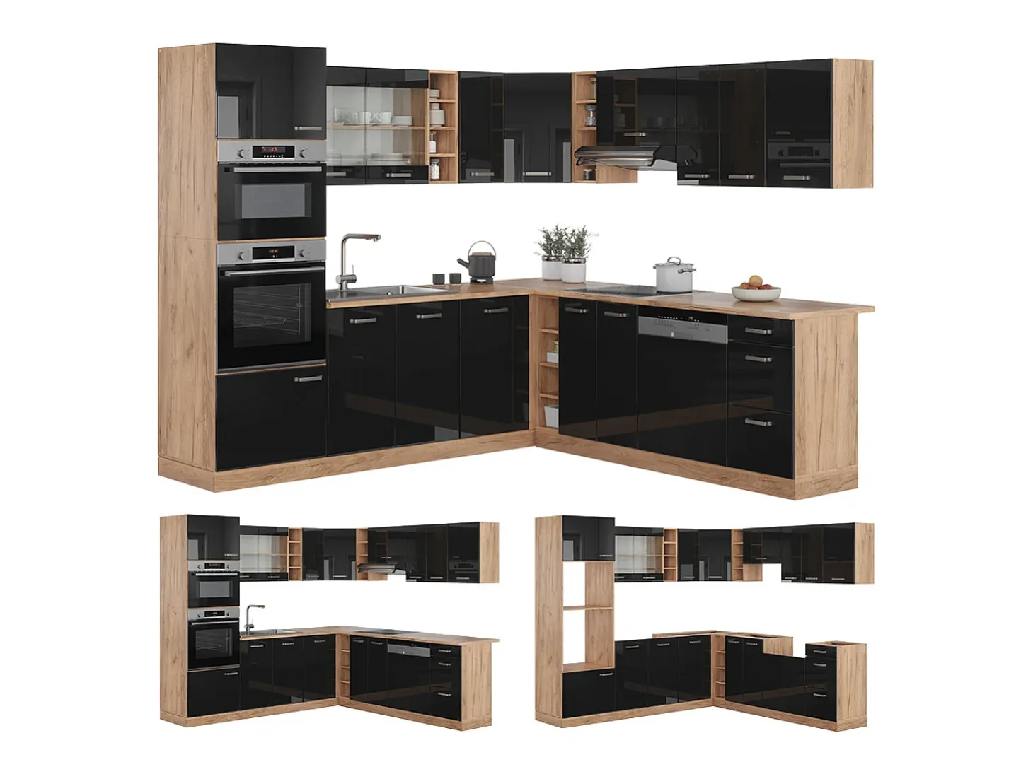 Cocina esquinera roble negro/dorado de alto brillo 247x60x81.6 r-line