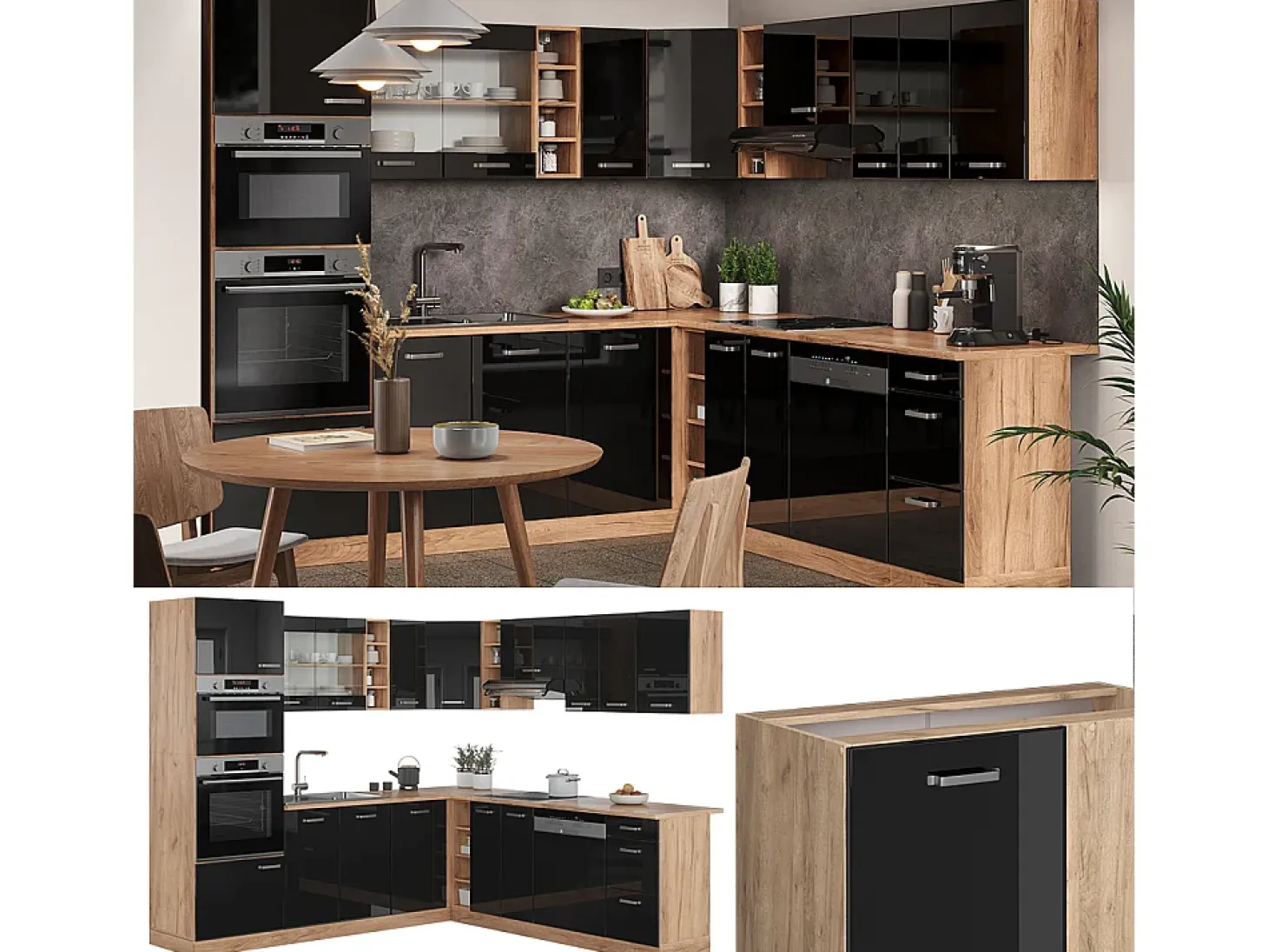 Cocina esquinera roble negro/dorado de alto brillo 247x60x81.6 r-line
