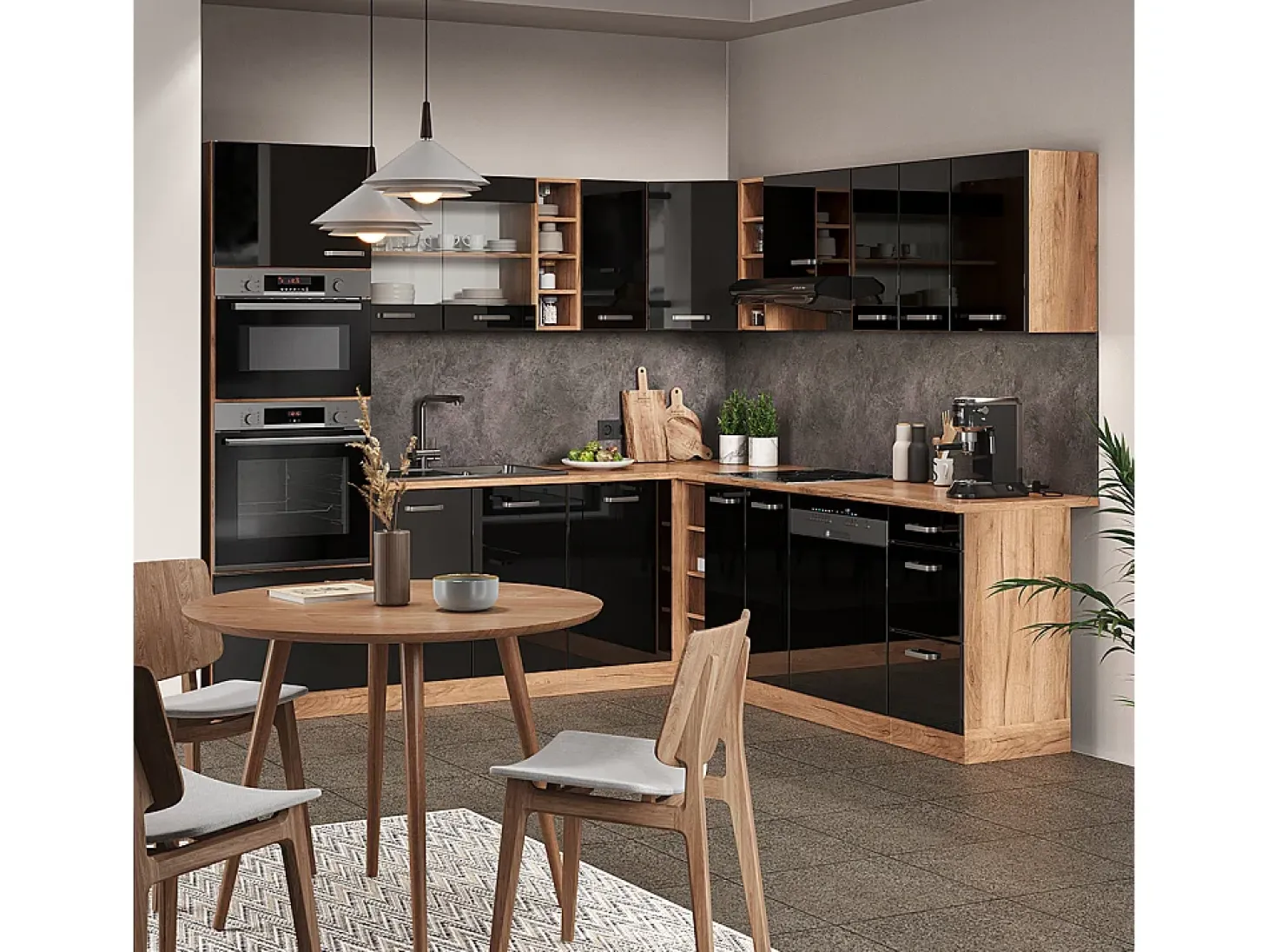 Cocina esquinera roble negro/dorado de alto brillo 247x60x81.6 r-line