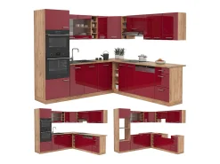 Cocina esquinera rojo brillo intenso/roble dorado 247x60x81.6 r-line
