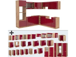 Cocina esquinera rojo brillo intenso/roble dorado 247x46x81.6 r-line