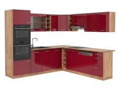 Cocina esquinera rojo brillo intenso/roble dorado 247x46x81.6 r-line