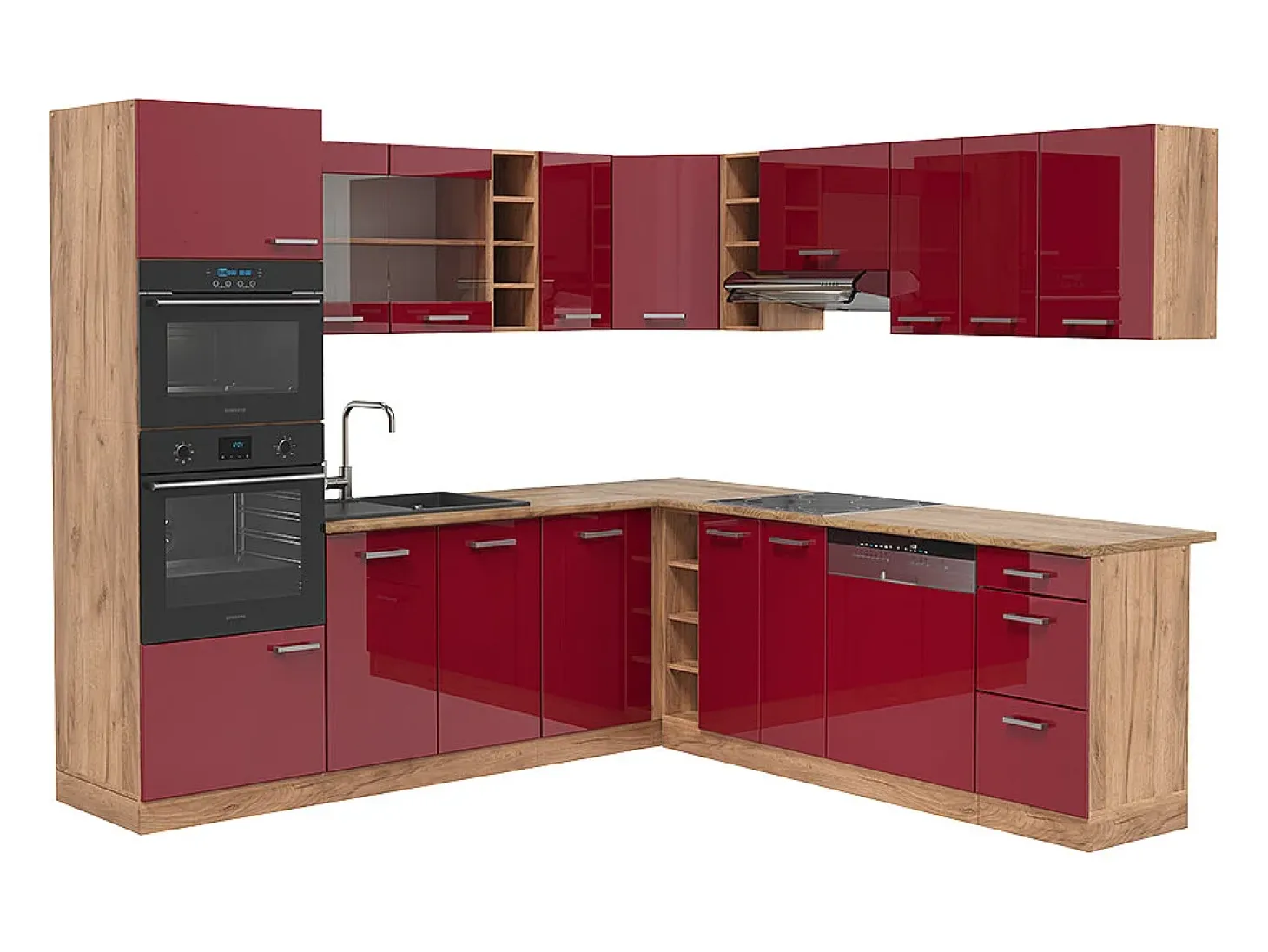 Cocina esquinera rojo brillo intenso/roble dorado 247x46x81.6 r-line