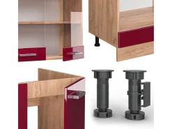 Cocina esquinera rojo brillo intenso/roble dorado 287x60x81.6 r-line