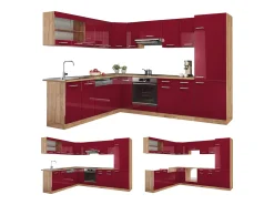 Cocina esquinera rojo brillo intenso/roble dorado 287x60x81.6 r-line
