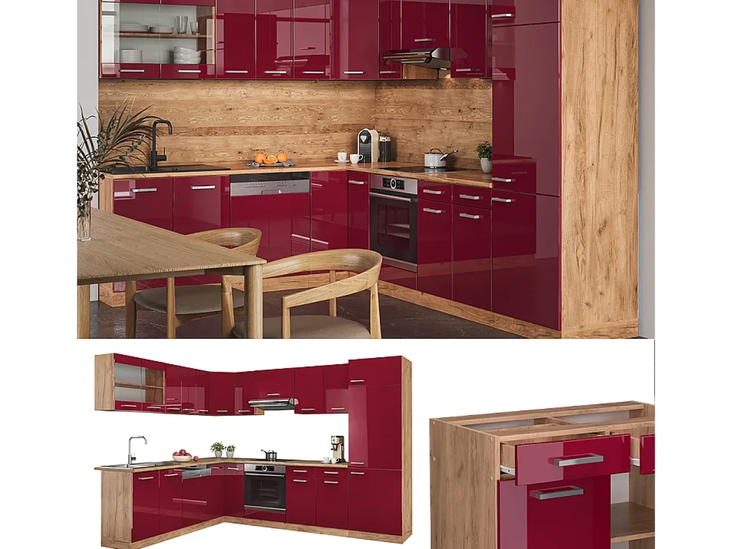 Cocina esquinera rojo brillo intenso/roble dorado 287x60x81.6 r-line