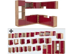 Cocina esquinera rojo brillo intenso/roble dorado 247x60x81.6 r-line
