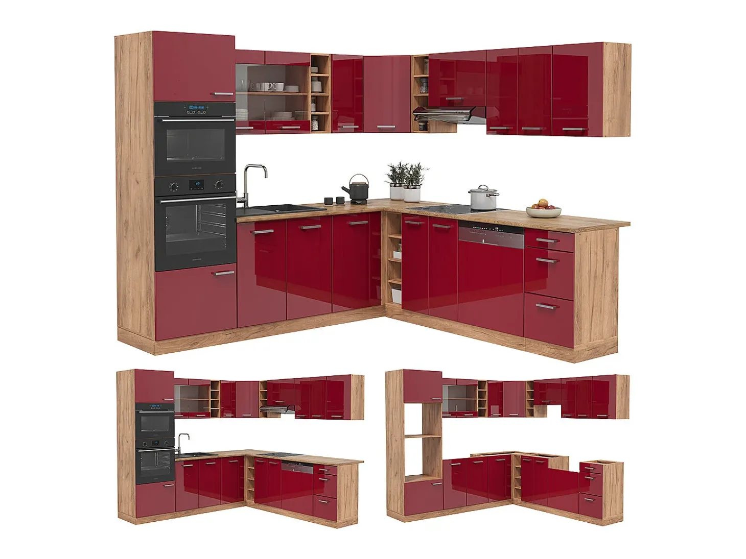 Cocina esquinera rojo brillo intenso/roble dorado 247x60x81.6 r-line