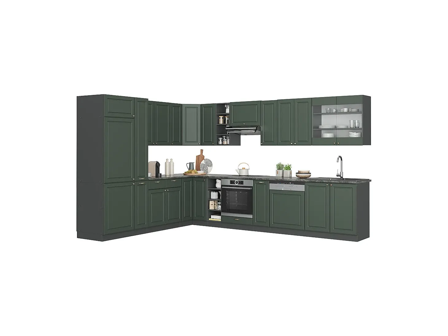 Cocina esquinera verde-dorado casa de campo/antracita 347x60x81.6 fame-line