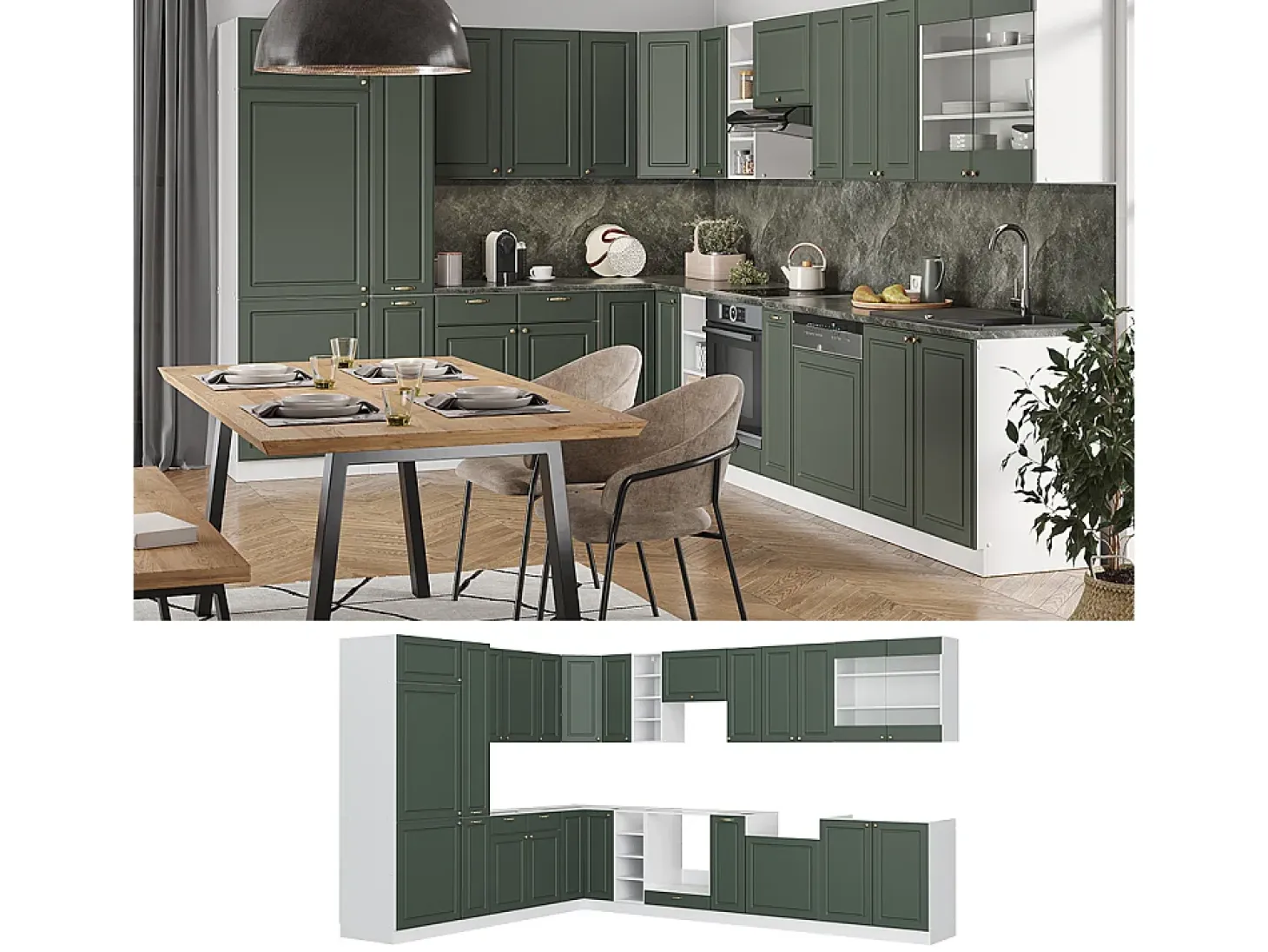 Cocina esquinera verde-dorado casa de campo/blanco 347x46x81.6 fame-line