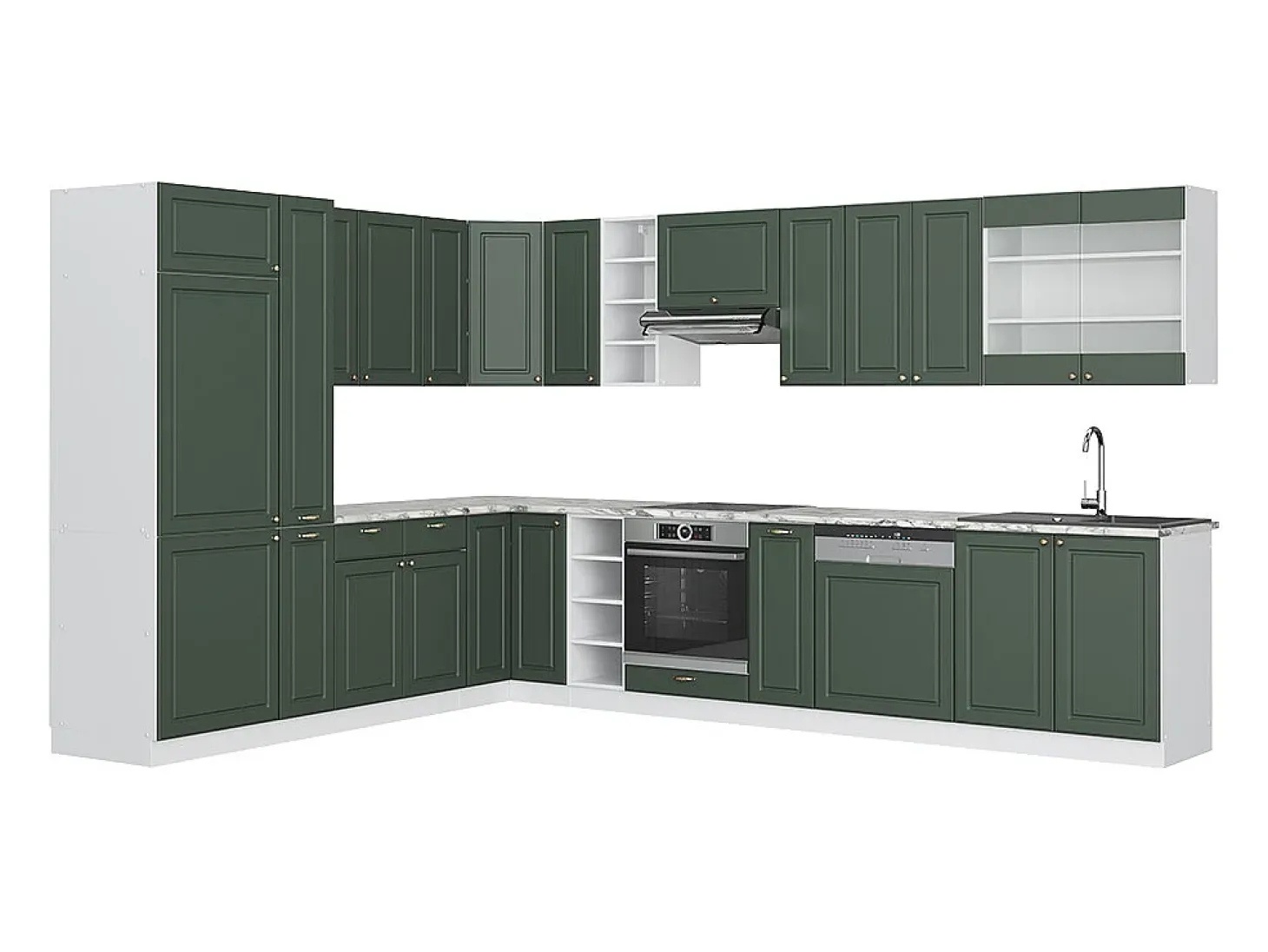 Cocina esquinera verde-dorado casa de campo/blanco 347x46x81.6 fame-line