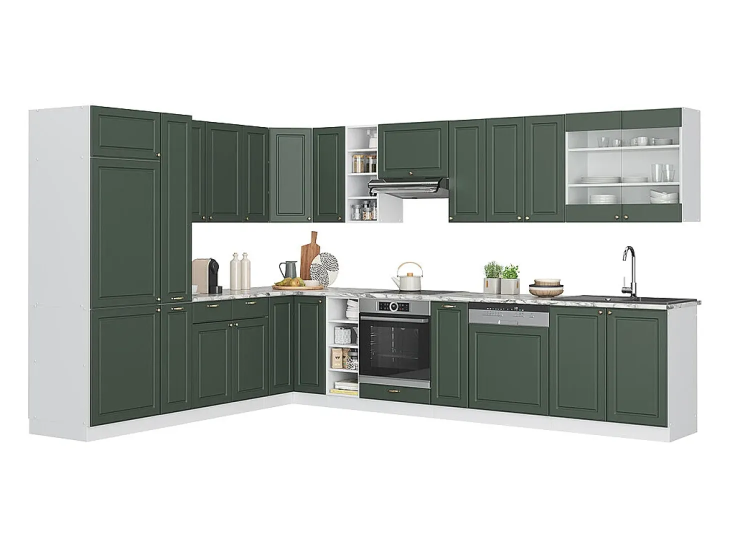Cocina esquinera verde-dorado casa de campo/blanco 347x60x81.6 fame-line