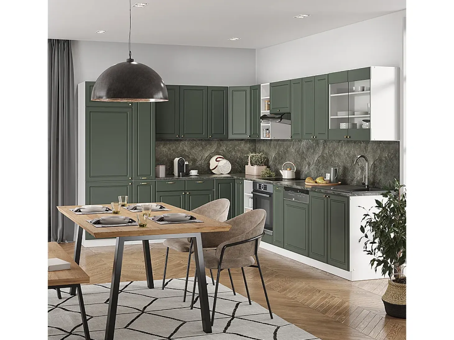 Cocina esquinera verde-dorado casa de campo/blanco 347x60x81.6 fame-line