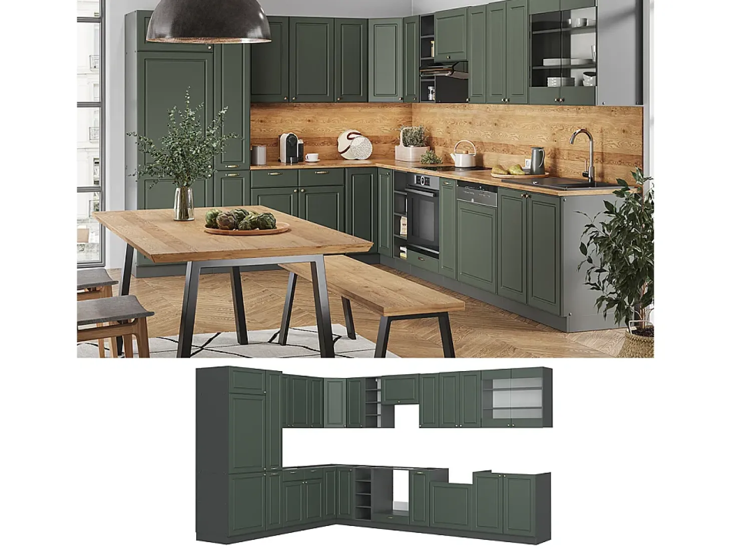 Cocina esquinera verde-dorado casa de campo/antracita 347x60x81.6 fame-line