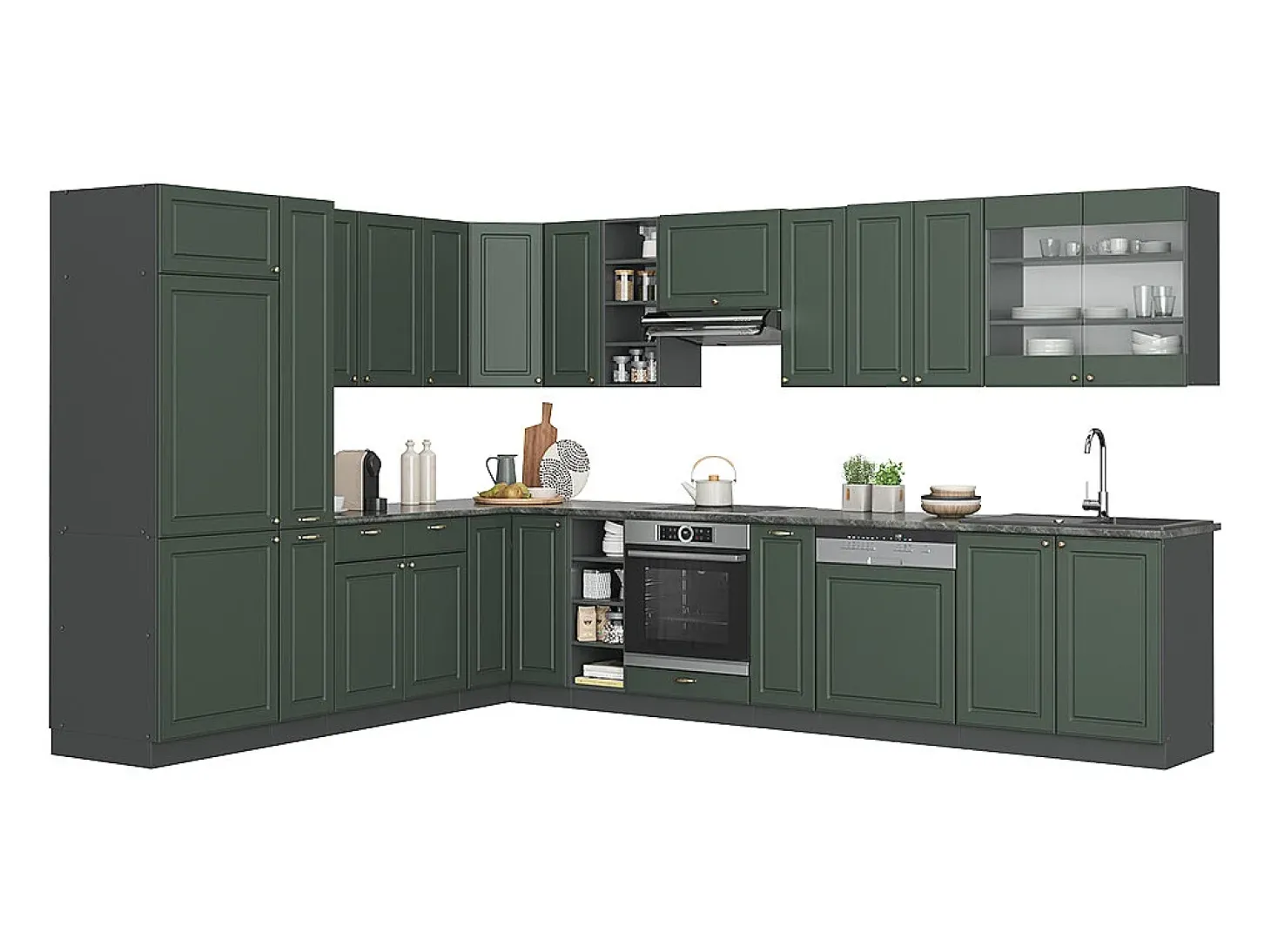 Cocina esquinera verde-dorado casa de campo/antracita 347x60x81.6 fame-line