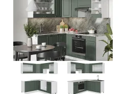 Cocina esquinera verde-dorado casa de campo/blanco 190x60x81.6 fame-line
