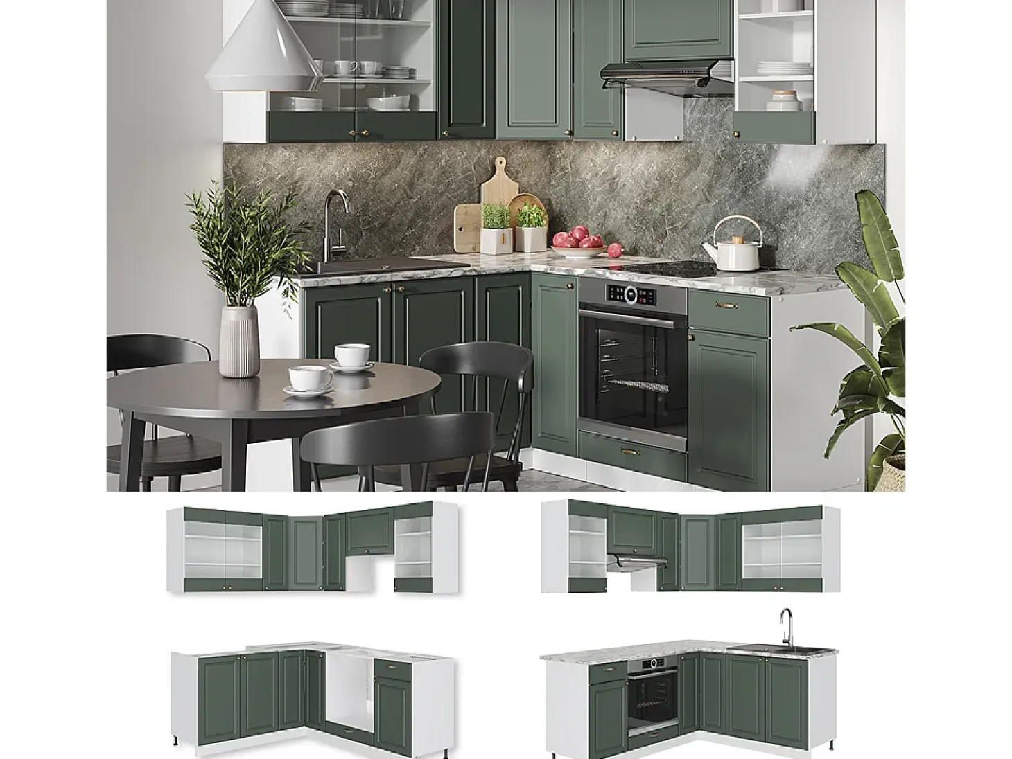 Cocina esquinera verde-dorado casa de campo/blanco 190x60x81.6 fame-line