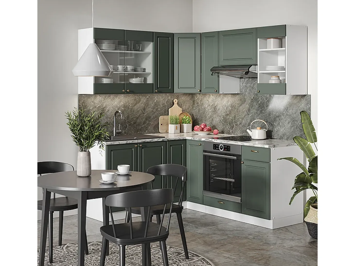 Cocina esquinera verde-dorado casa de campo/blanco 190x60x81.6 fame-line