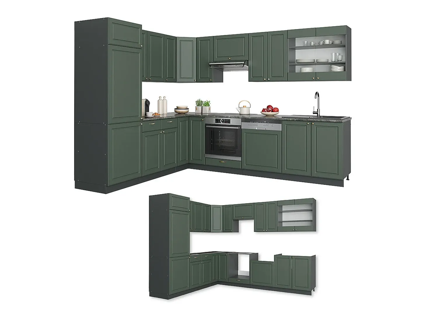 Cocina esquinera verde-dorado casa de campo/antracita 287x60x81.6 fame-line