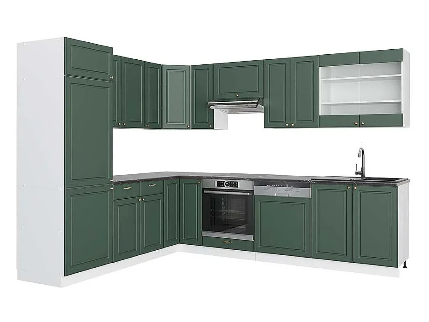 Cocina esquinera verde-dorado casa de campo/blanco 287x60x81.6 fame-line