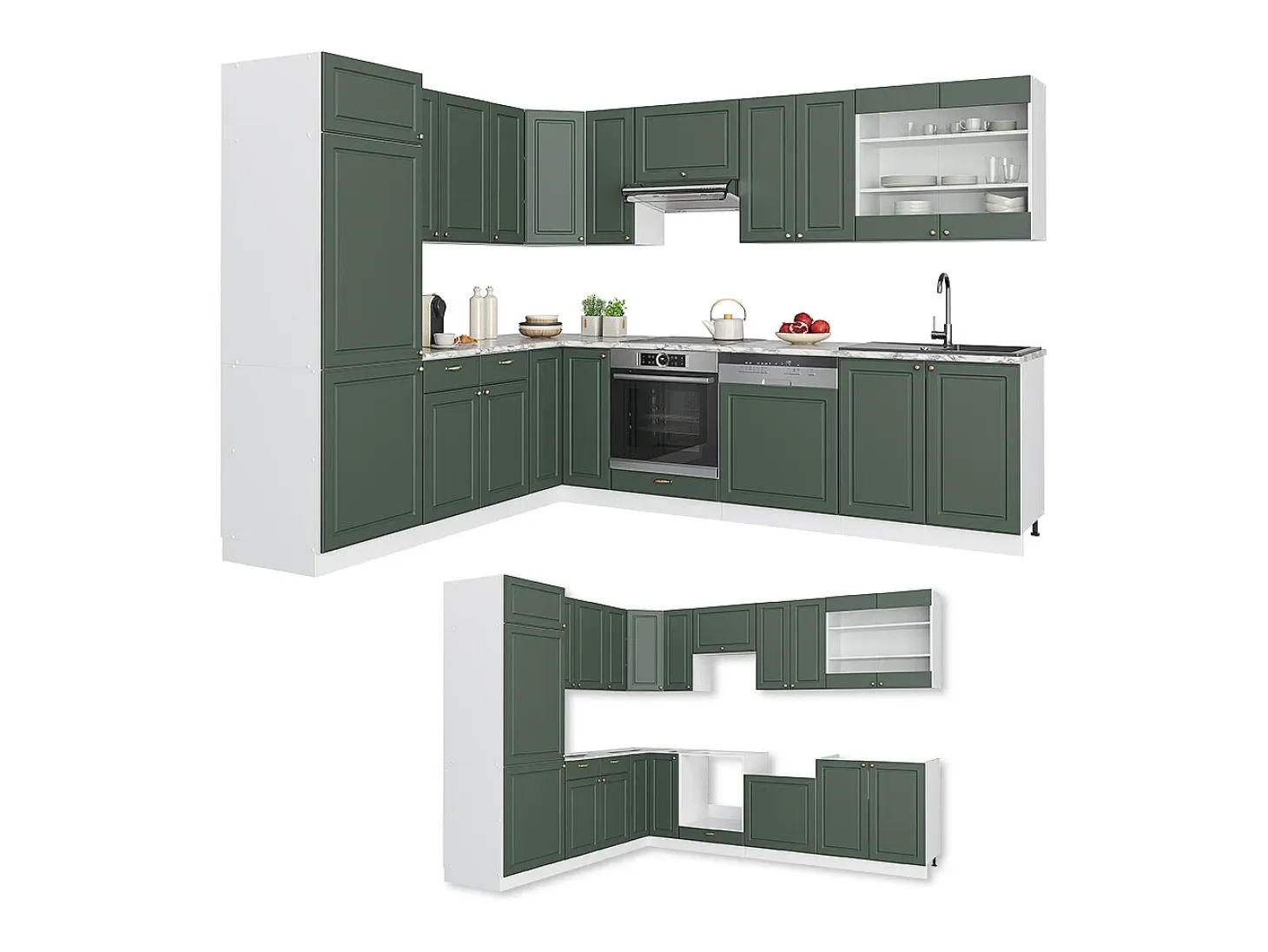 Cocina esquinera verde-dorado casa de campo/blanco 287x46x81.6 fame-line