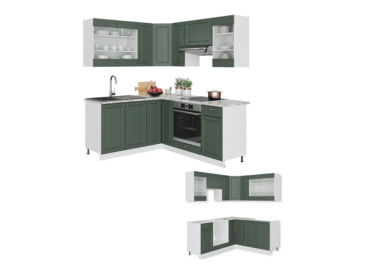 Cocina esquinera verde-dorado casa de campo/blanco 190x60x81.6 fame-line
