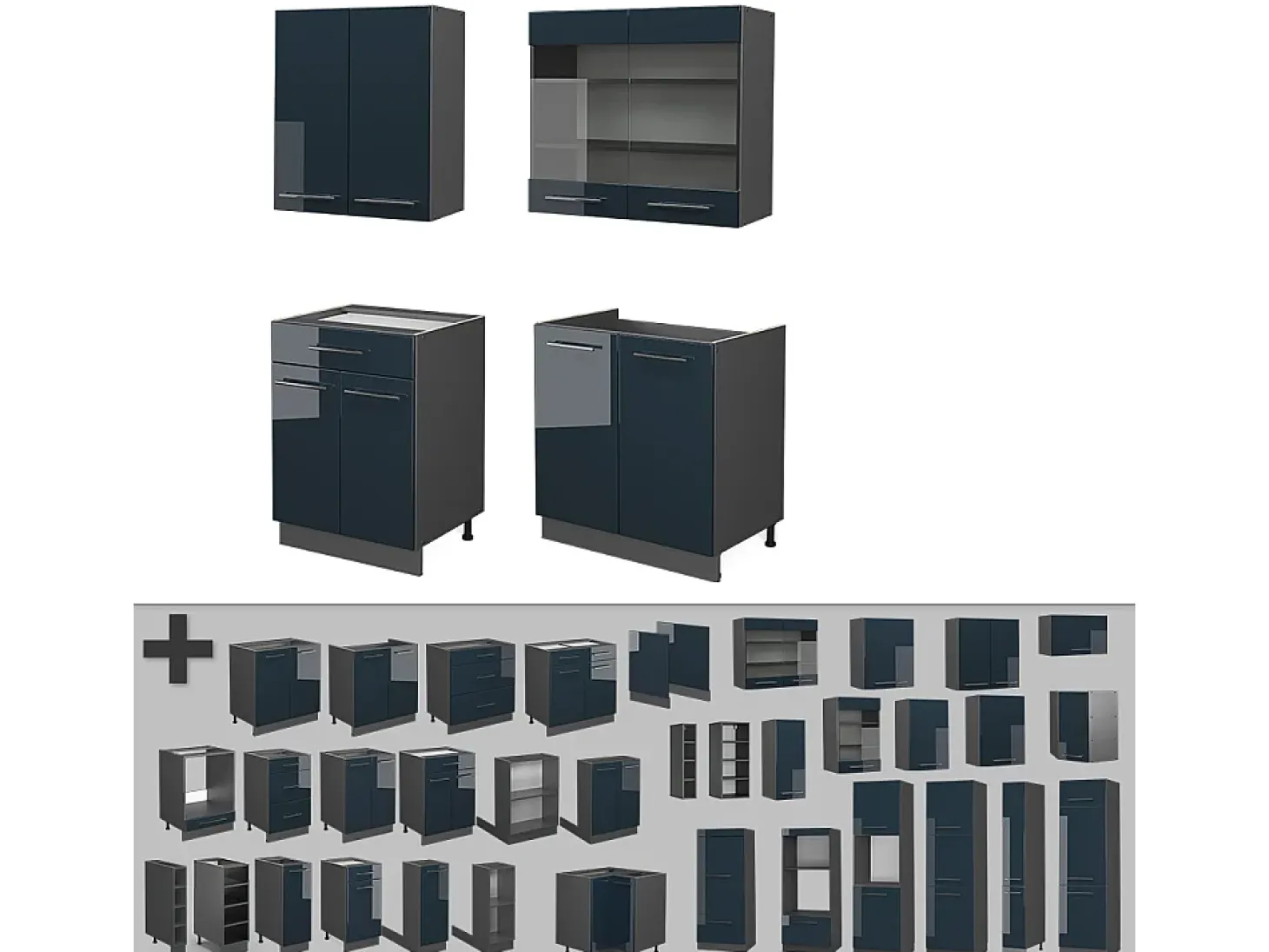 Cocina individual azul oscuro alto brillo/antracita 140x60x81.6 fame-line