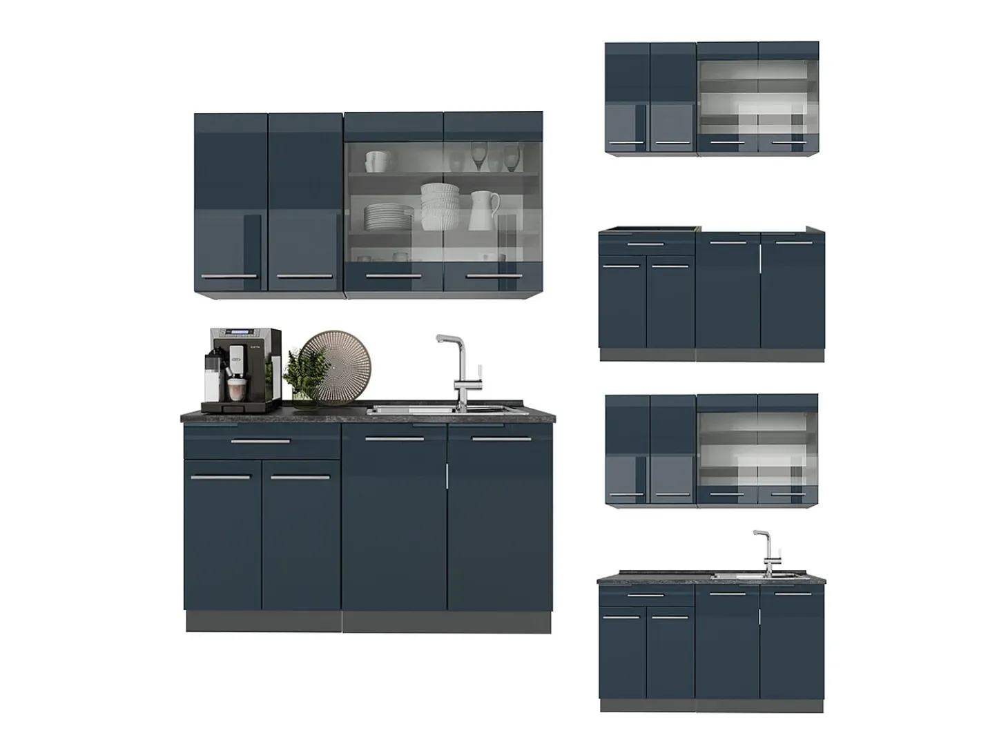 Cocina individual azul oscuro alto brillo/antracita 140x60x81.6 fame-line
