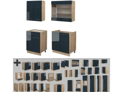 Cocina individual azul oscuro alto brillo/roble dorado 140x60x81.6 fame-line