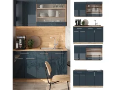 Cocina individual azul oscuro alto brillo/roble dorado 140x60x81.6 fame-line